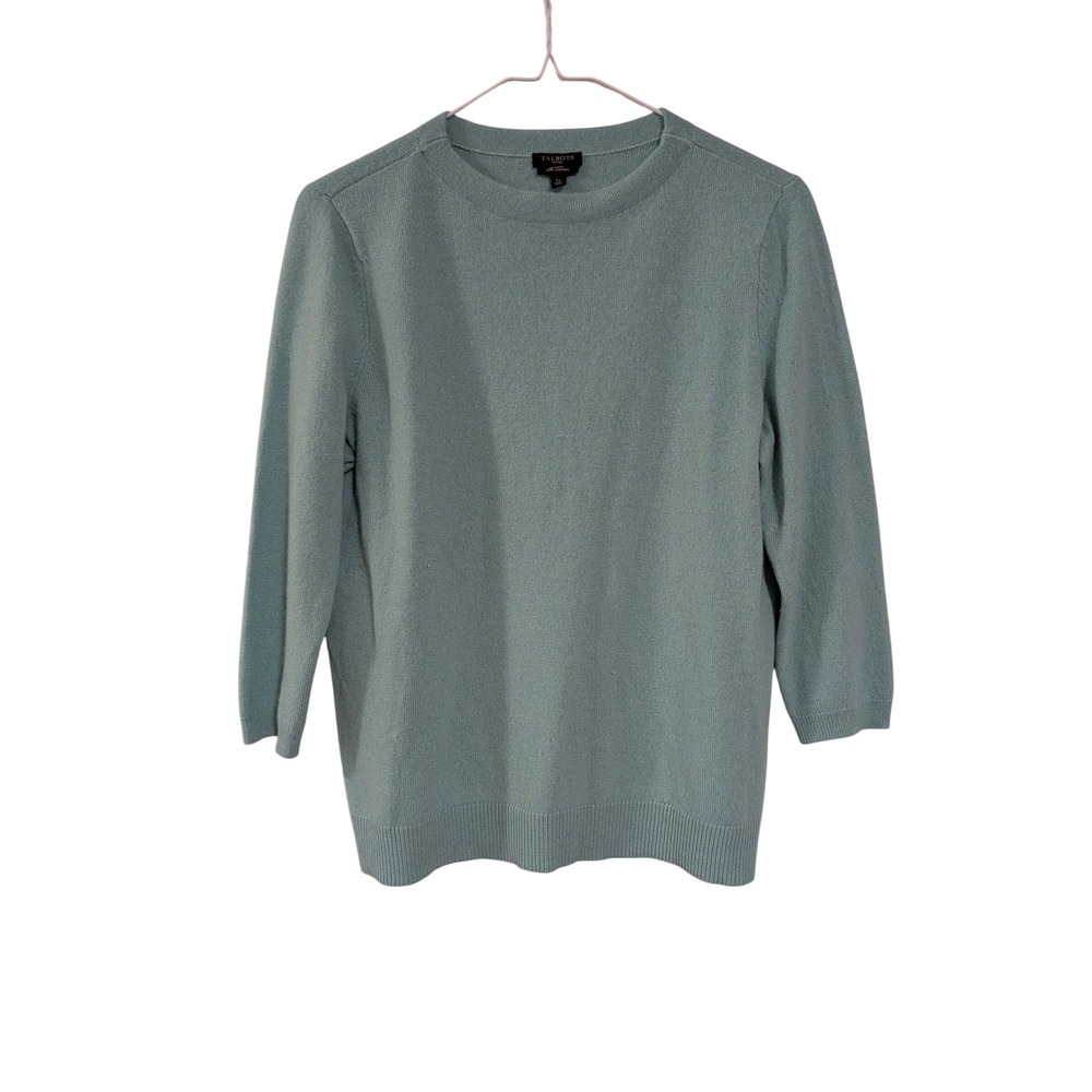 Talbots Sweater Womens LP Blue Pure Cashmere Crewneck 3/4 Sleeve Knit Top